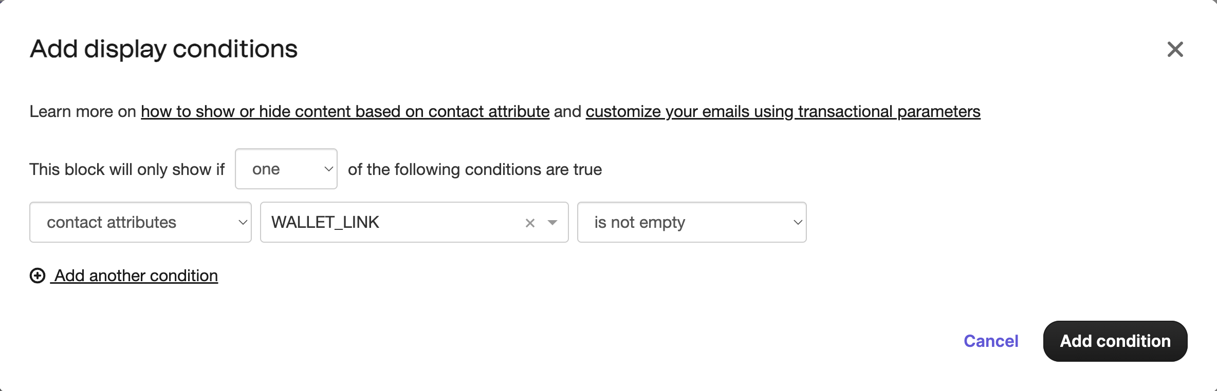 Brevo email template conditional display settings using WALLET_LINK availability