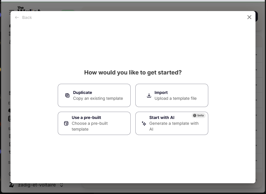 Template creation options with “Use a pre-built” selected