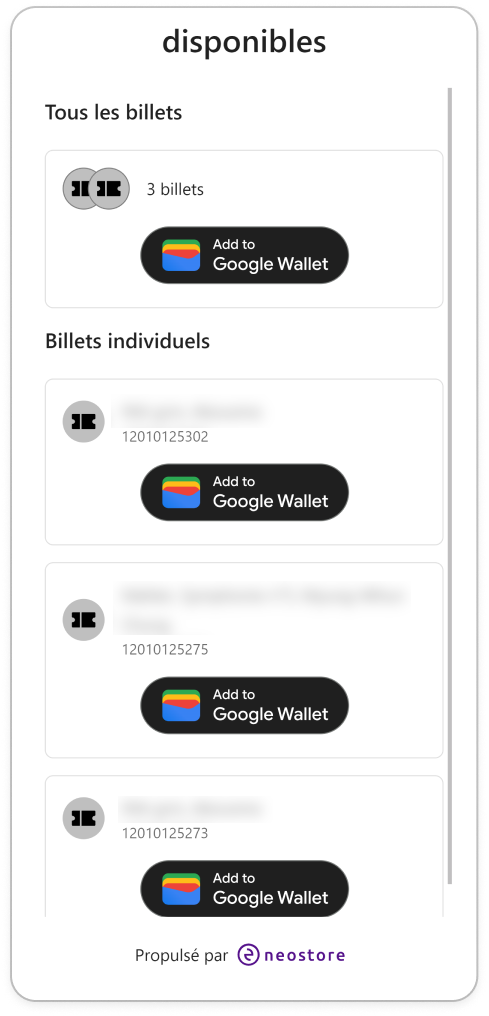 Hosted download page on Android showing the ticket list and Google Wallet button.