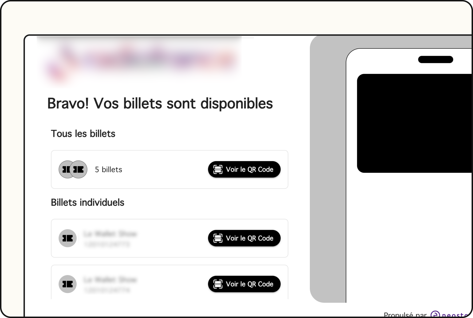 Hosted download page on desktop showing the ticket list and QR code fallback.