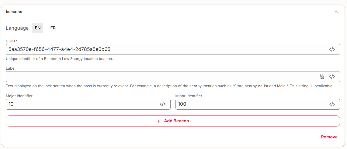 Beacon section of a pass template in The Wallet Crew, with UUID, Major, Minor, and Label fields