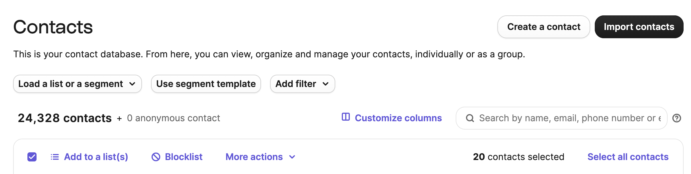 Brevo contact list export menu: Contacts → More actions → Export