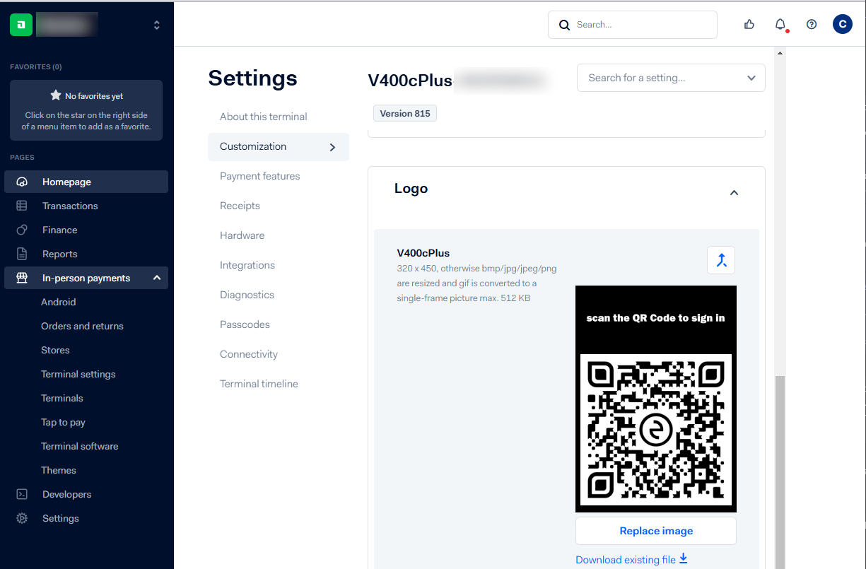 Adyen terminal customization screen showing the logo upload area and its size requirements