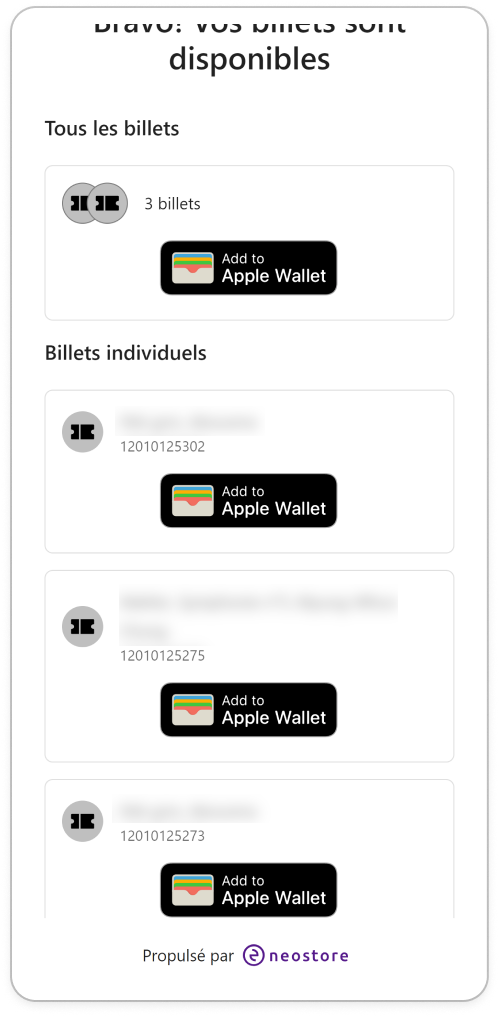 Hosted download page on iOS showing the ticket list and Apple Wallet button.
