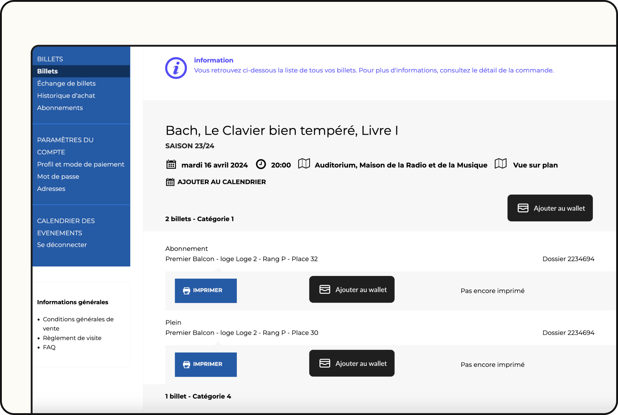 Add to Wallet button embedded in the Secutix ticket shop order confirmation page.