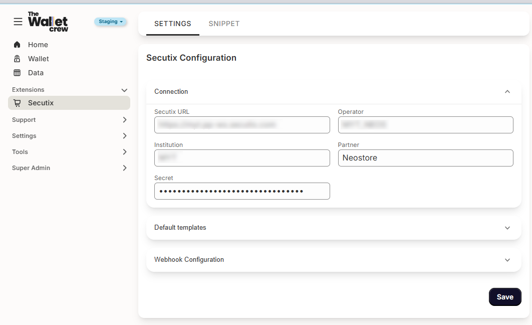 Secutix connector configuration screen in The Wallet Crew, with URL, operator, institution, partner, and secret fields