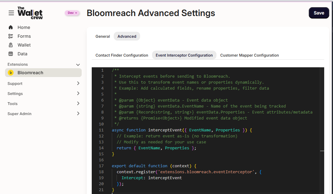 The Wallet Crew Bloomreach connector: advanced settings screen with script configuration blocks