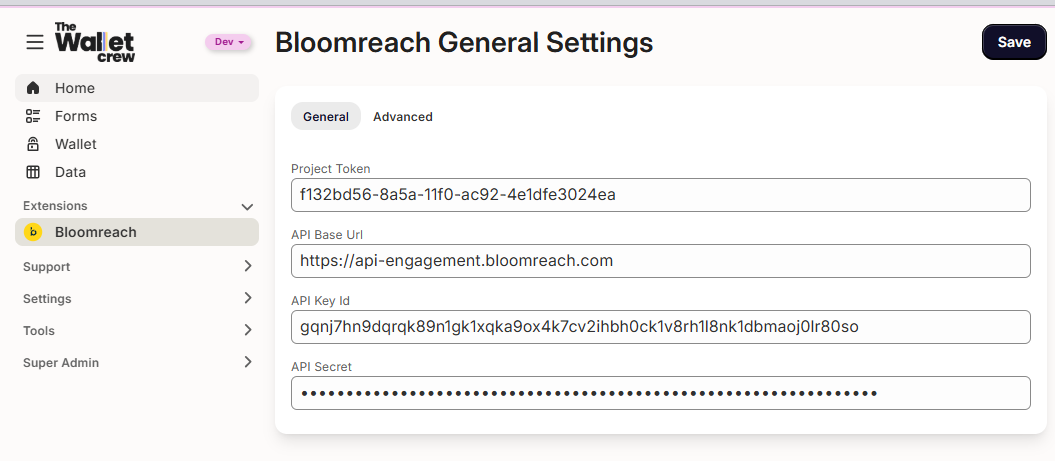 The Wallet Crew Bloomreach connector: general settings screen