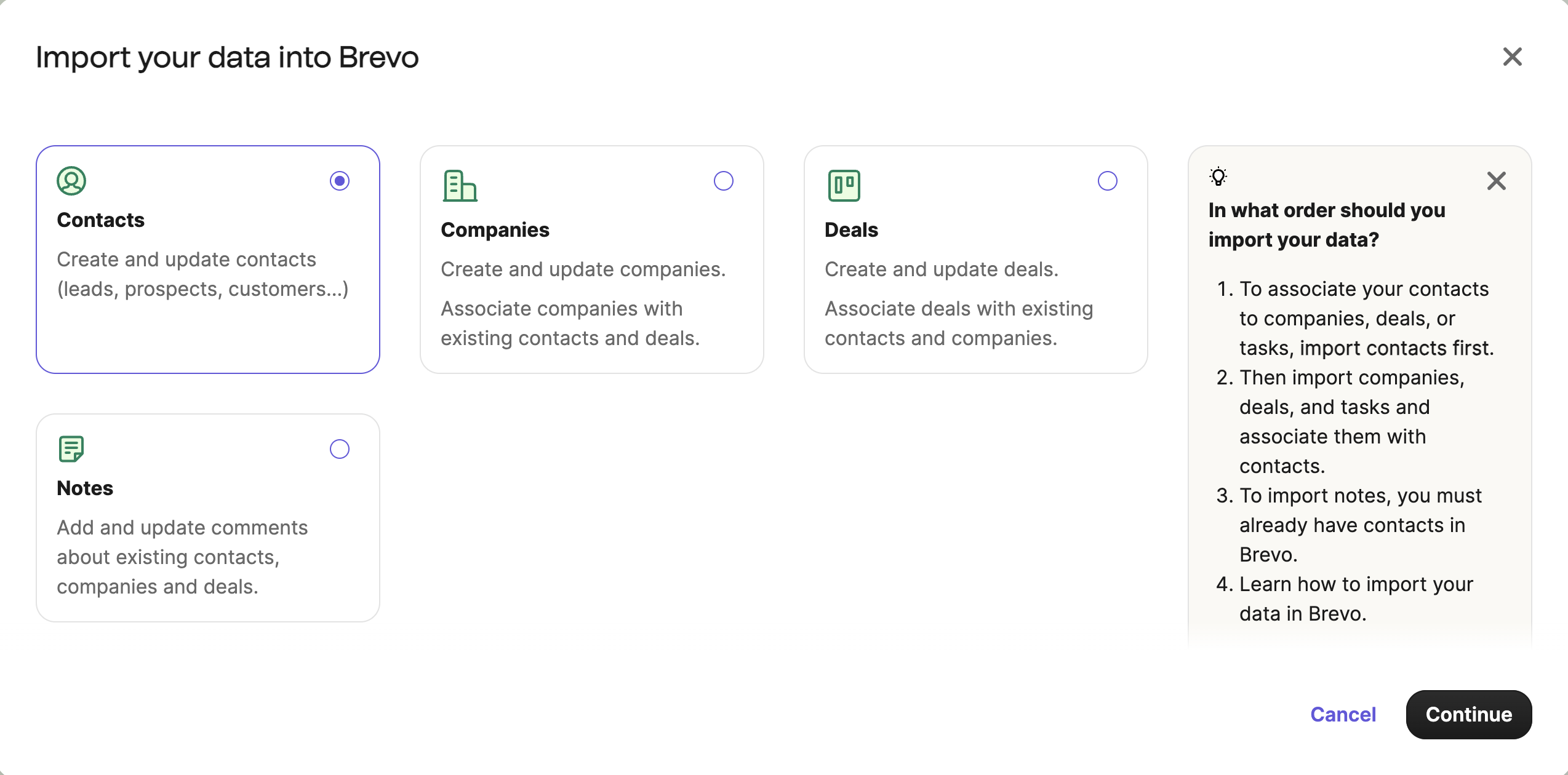Brevo import contacts entry point screen