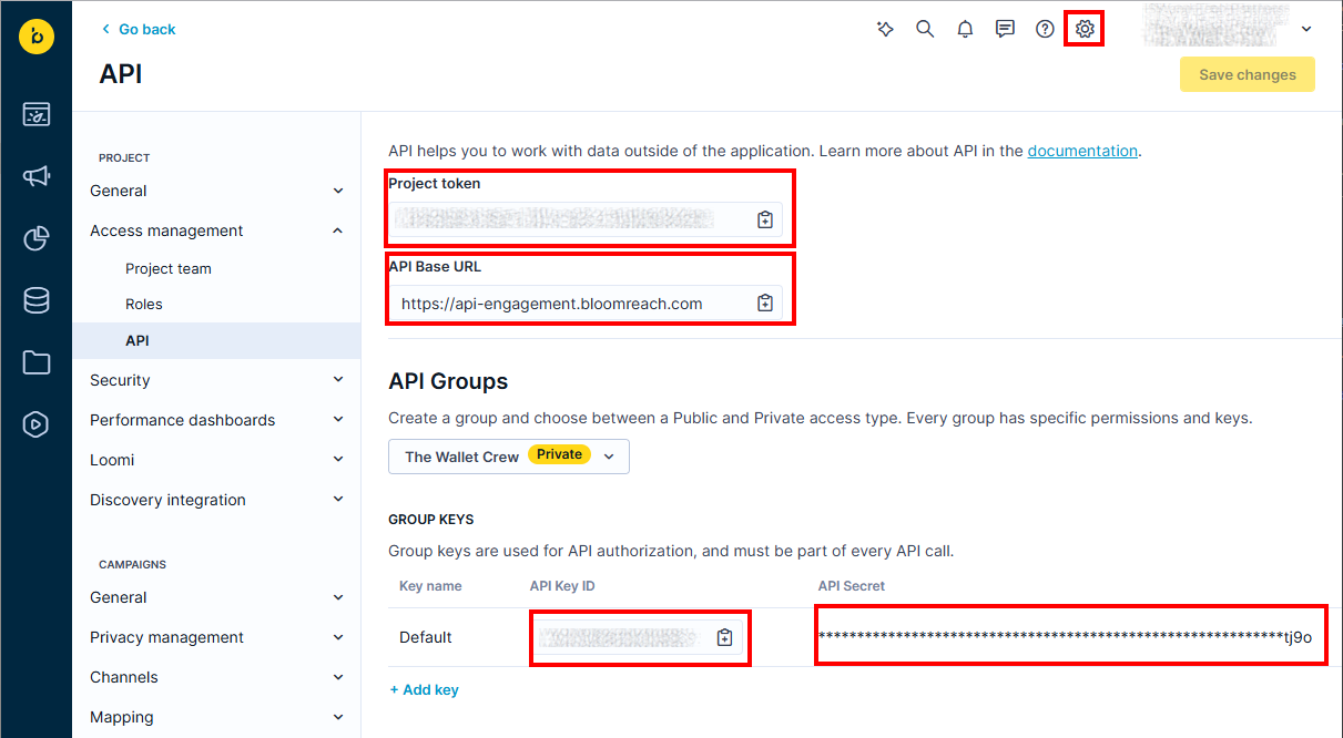 Bloomreach Engagement API credentials screen showing API keys and project token