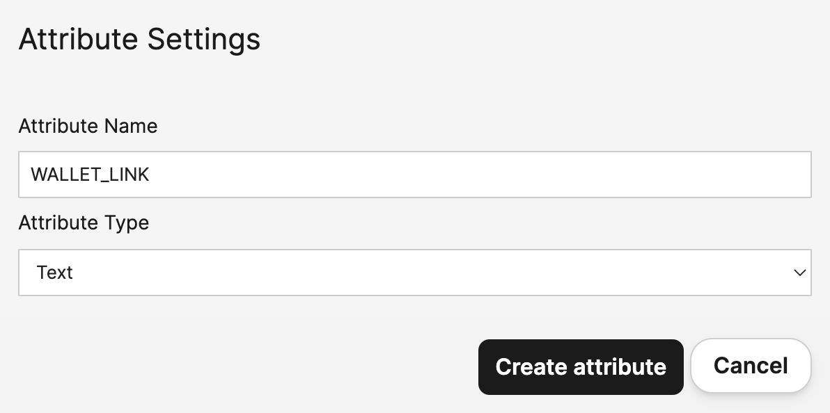 Brevo new attribute form filled with WALLET_LINK and type Text