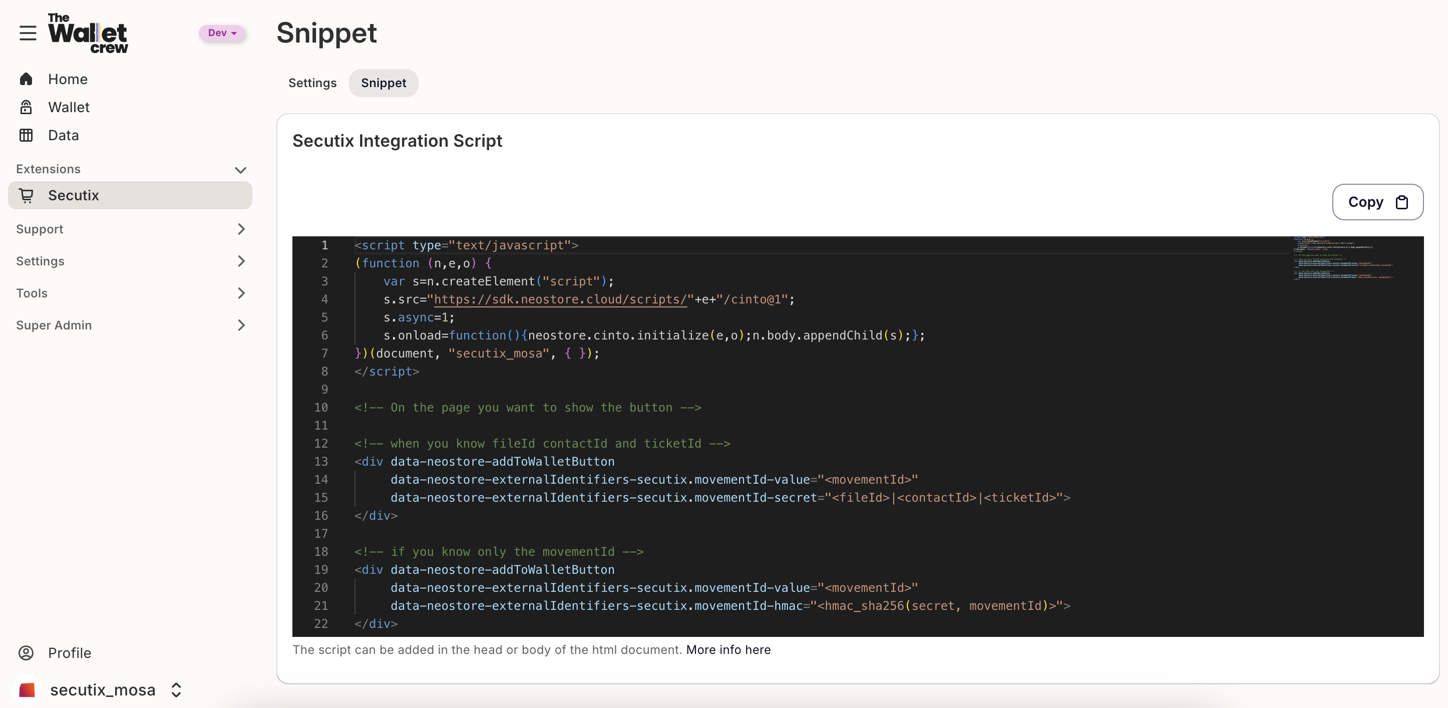 SDK snippet shown in the Secutix integration settings page.