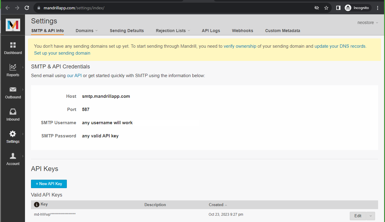API configuration in Mailchimp Transactional.