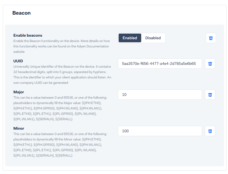 Adyen beacon settings showing the UUID, Major, and Minor fields